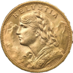 6.45 гр. златна монета 20 Швейцарски Франка Вренели 1897- 1949