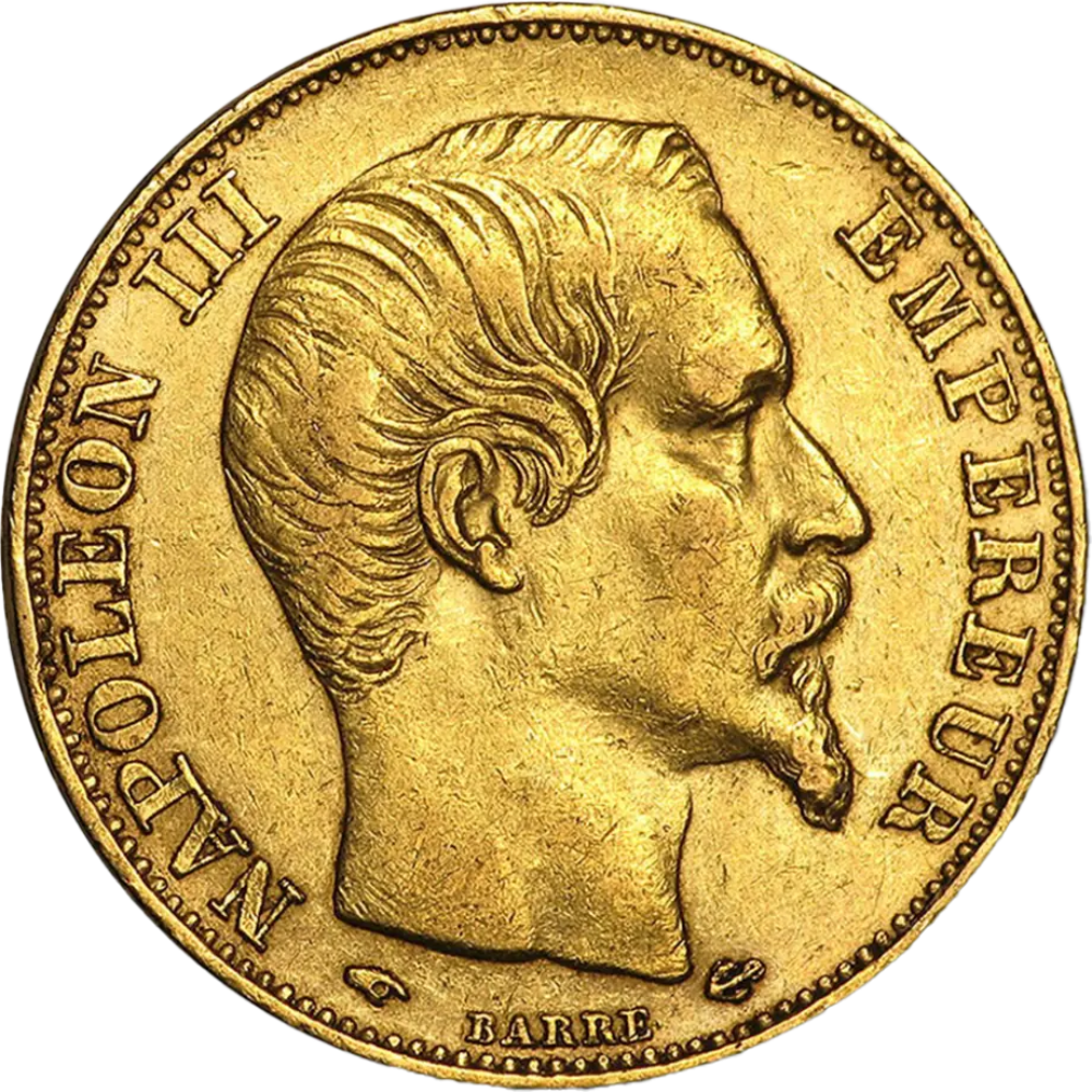 Untitled design (95) 6.45 гр. златна монета 20 Френски Франка Наполеон III 1853-1860 - Image 1